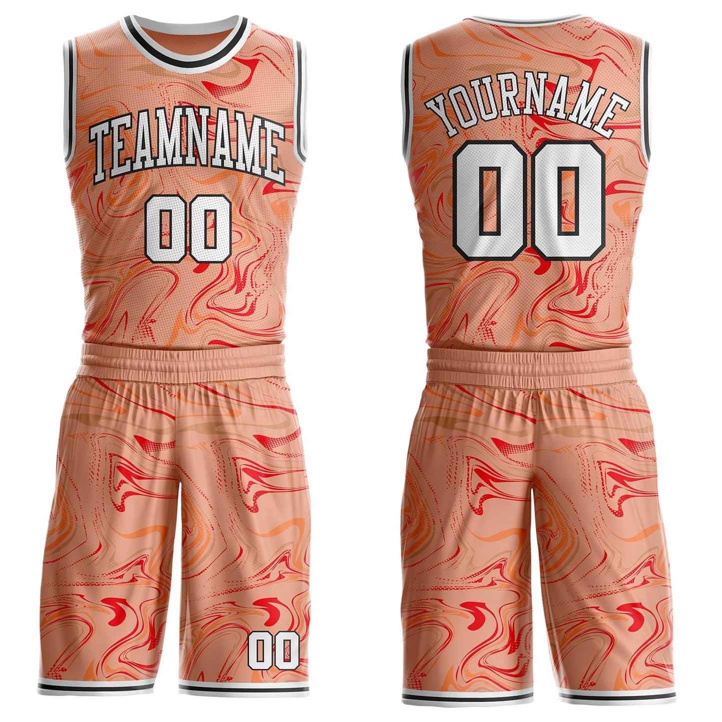 Custom Medium Pink White Red-Black Marble Swirl Liquid Fluid Round Neck Sublimation Basketball Uniform Jersey - Main View