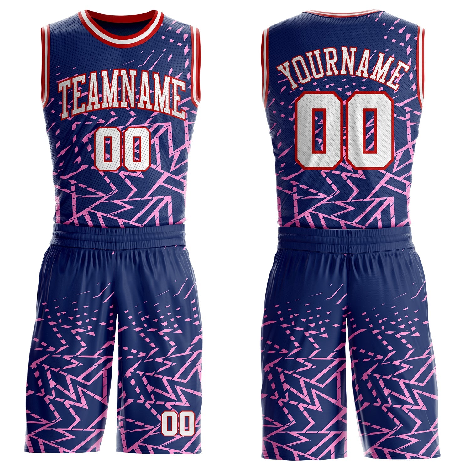 Custom Navy White Pink-Red Abstract Geometric Lines Round Neck Sublimation Basketball Uniform Jersey - Main View