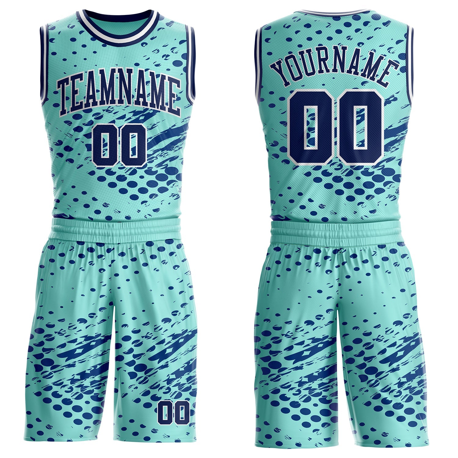 Custom Ice Blue Navy-White Grunge Paint Splatter Brush Stroke Round Neck Sublimation Basketball Uniform Jersey - Main View