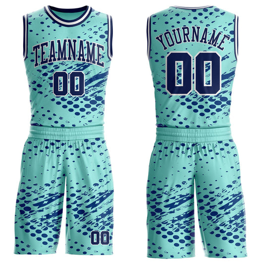 Custom Ice Blue Navy-White Grunge Paint Splatter Brush Stroke Round Neck Sublimation Basketball Uniform Jersey - Main View