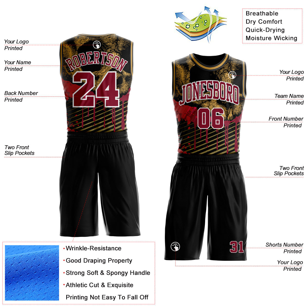 Custom Black Crimson White-Old Gold Gothic Skulls Round Neck Sublimation Basketball Uniform Jersey view 2