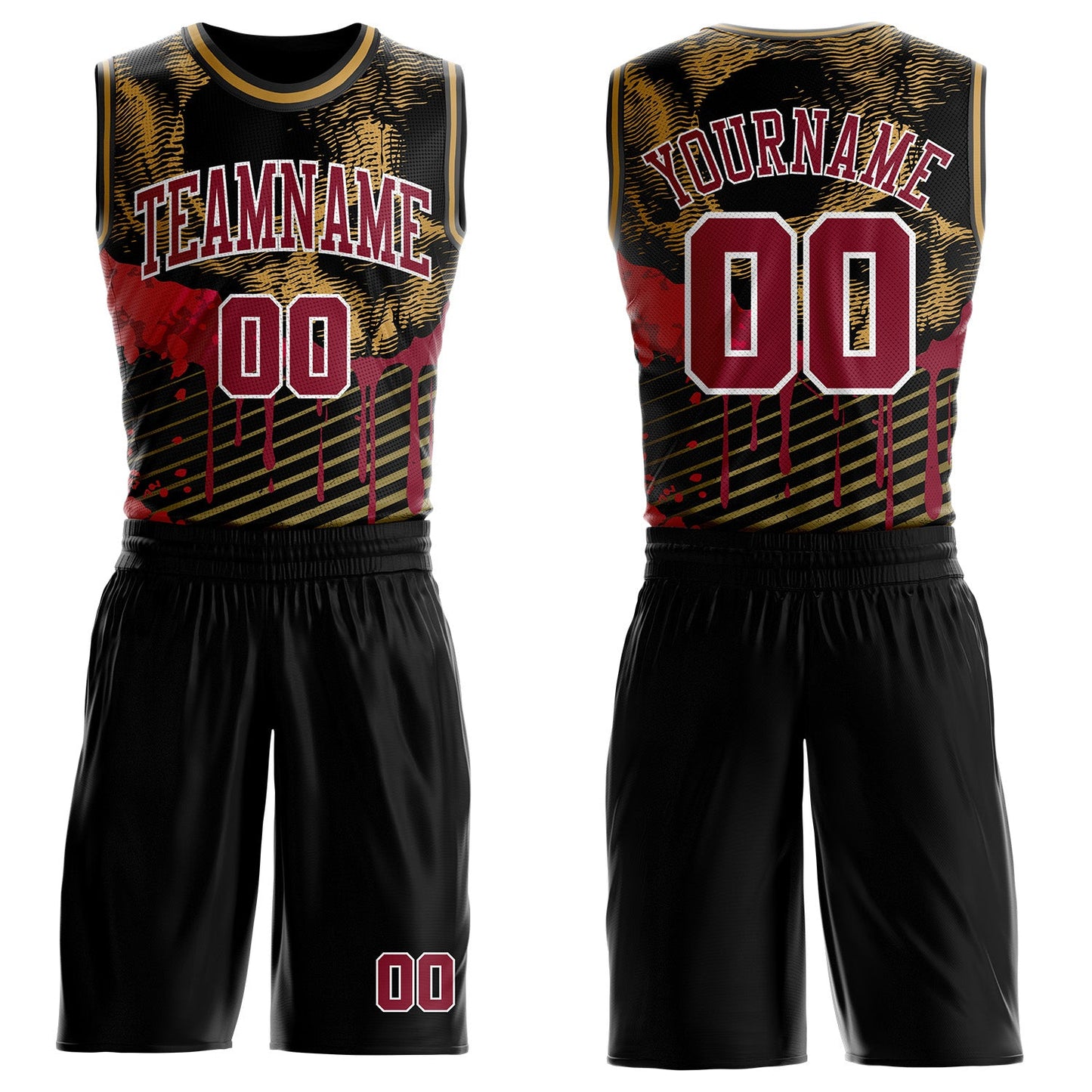 Custom Black Crimson White-Old Gold Gothic Skulls Round Neck Sublimation Basketball Uniform Jersey - Main View