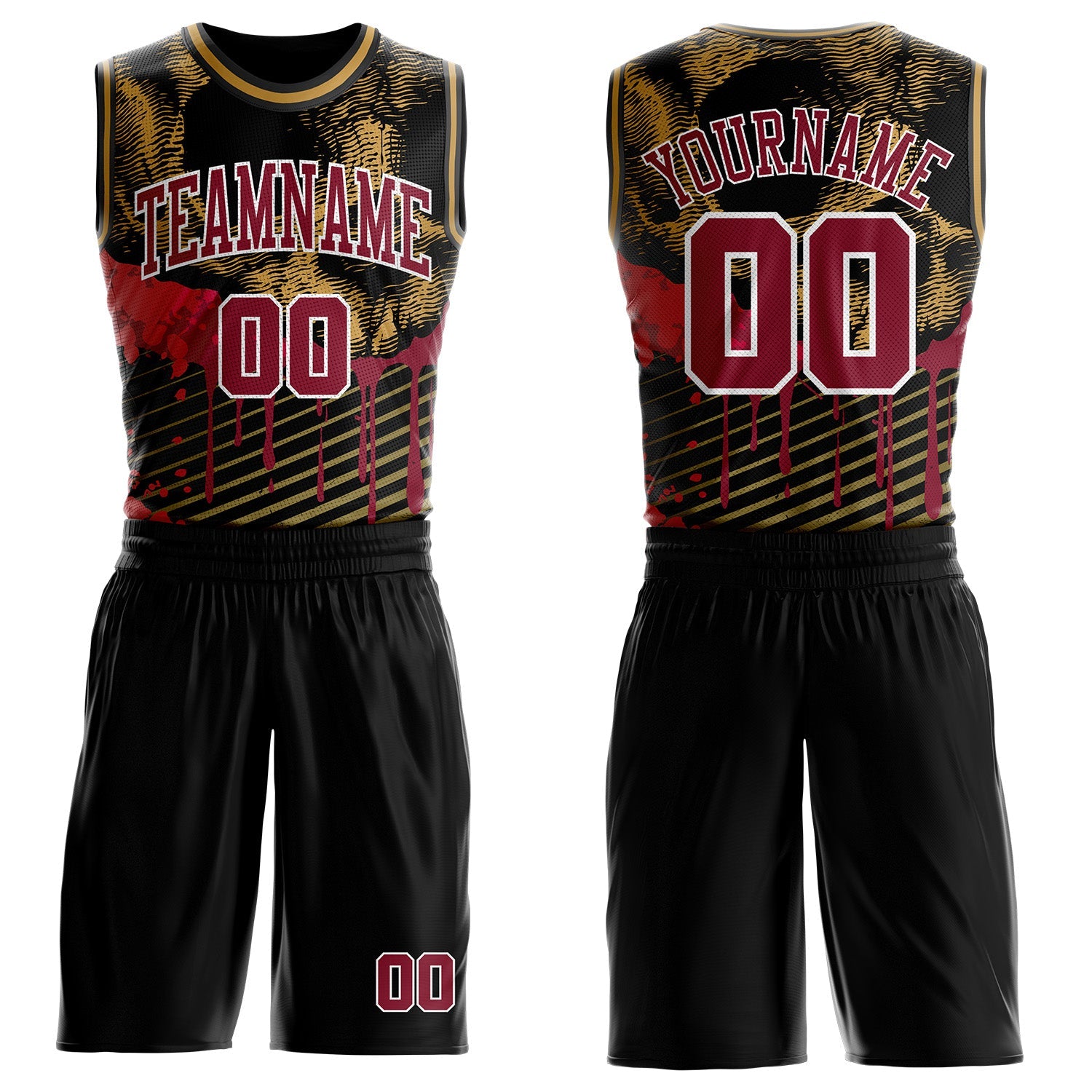 Custom Black Crimson White-Old Gold Gothic Skulls Round Neck Sublimation Basketball Uniform Jersey - Main View