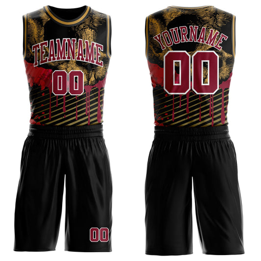 Custom Black Crimson White-Old Gold Gothic Skulls Round Neck Sublimation Basketball Uniform Jersey - Main View