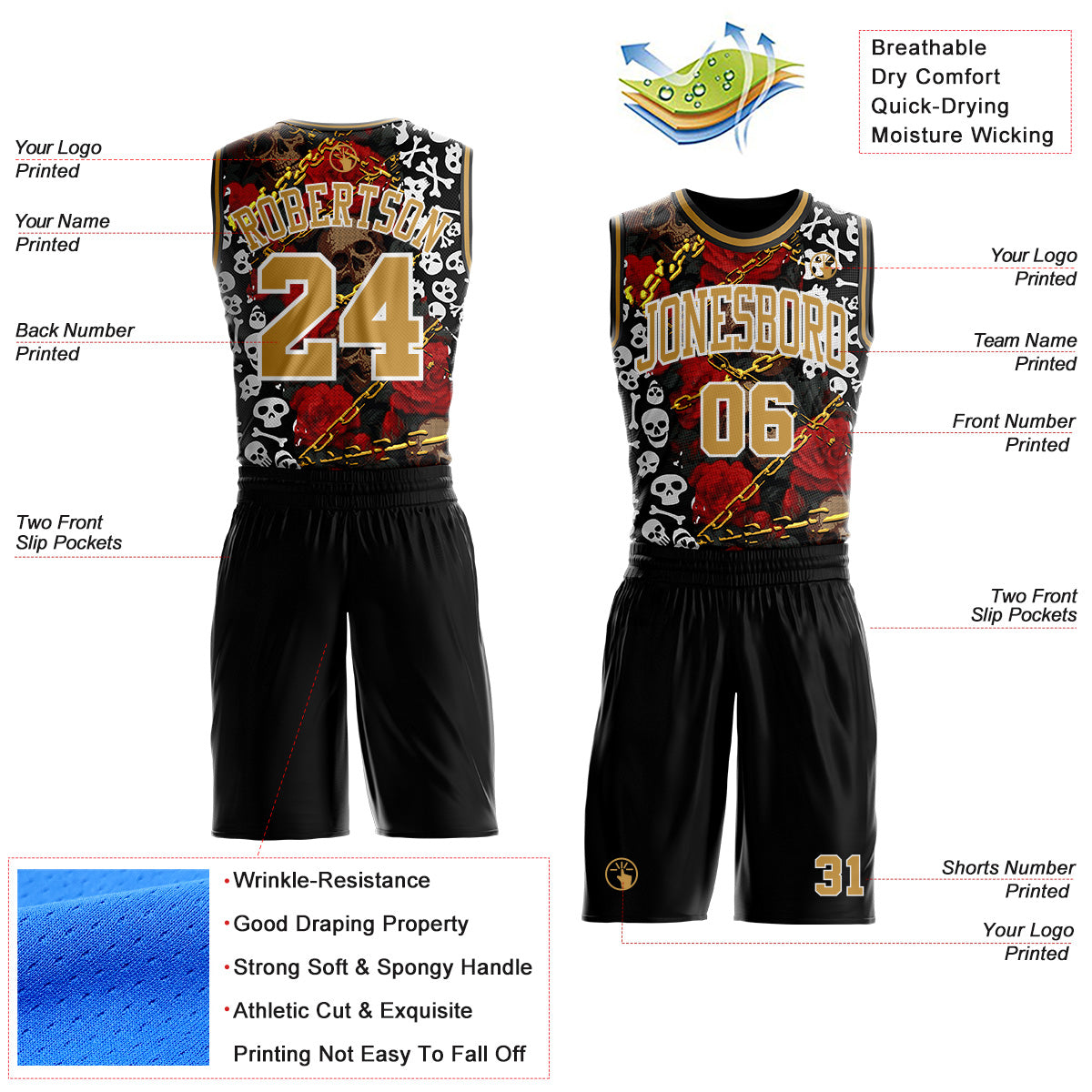 Custom Black Old Gold-White Gothic Skulls And Roses Round Neck Sublimation Basketball Uniform Jersey view 2