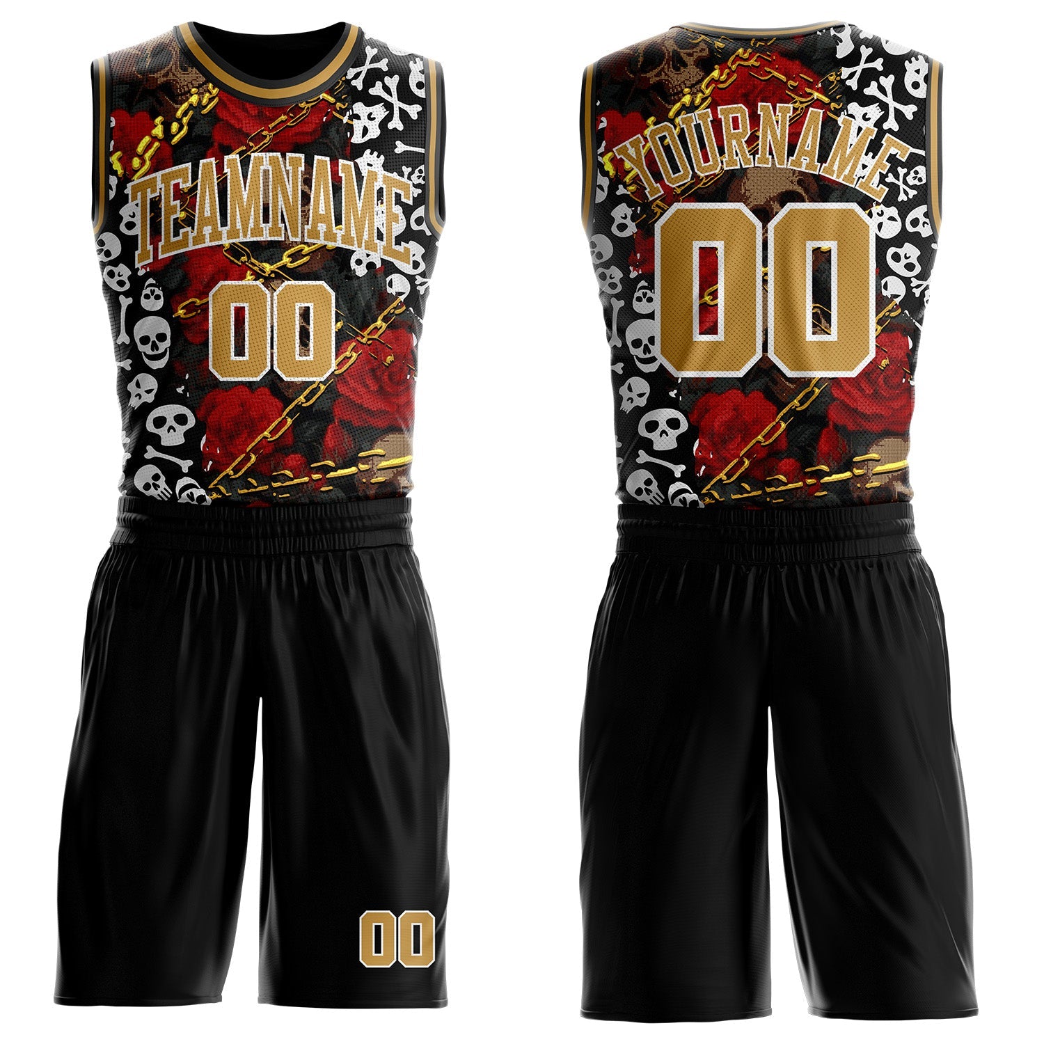 Custom Black Old Gold-White Gothic Skulls And Roses Round Neck Sublimation Basketball Uniform Jersey - Main View