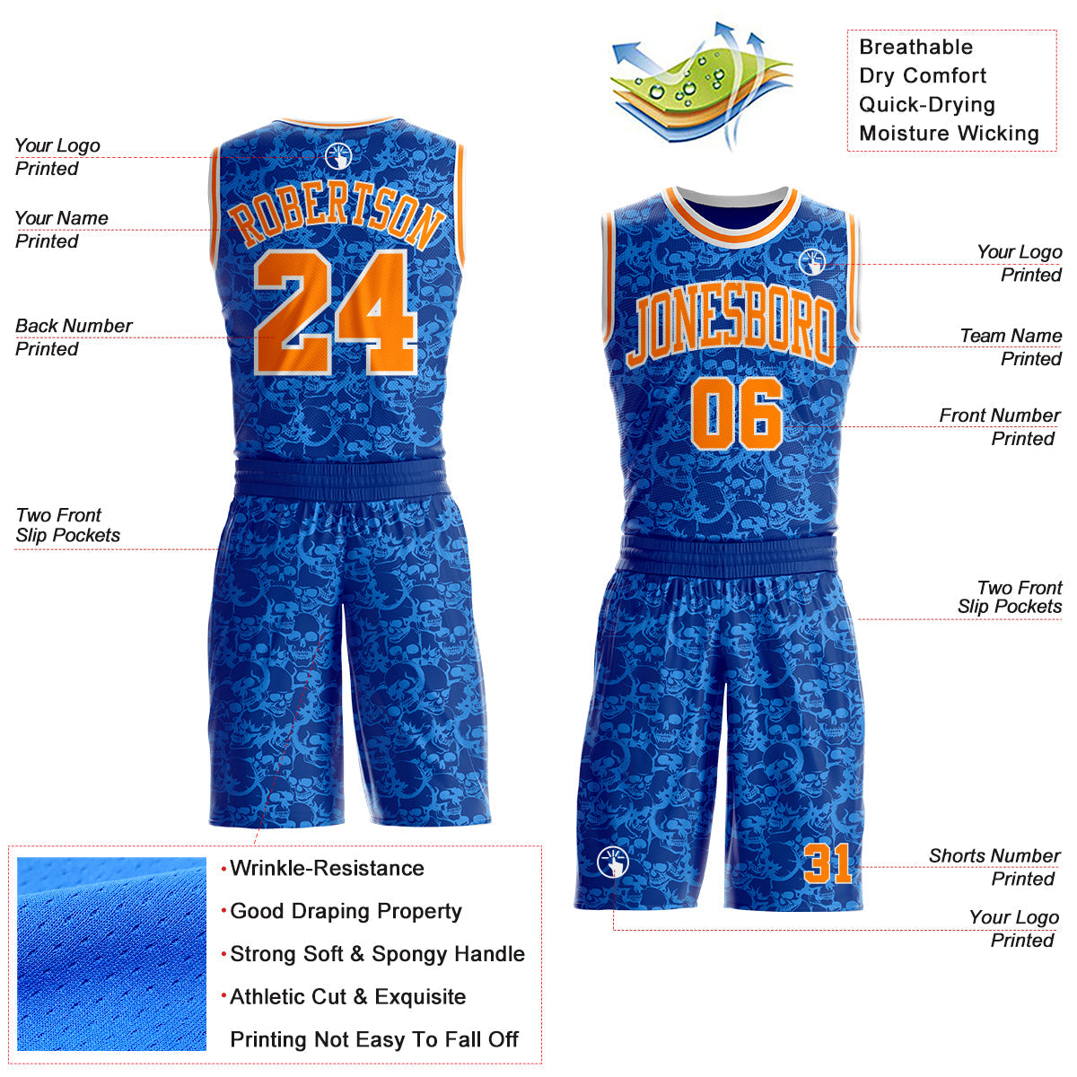 Custom Royal Bay Orange-White Gothic Skulls Round Neck Sublimation Basketball Uniform Jersey view 2
