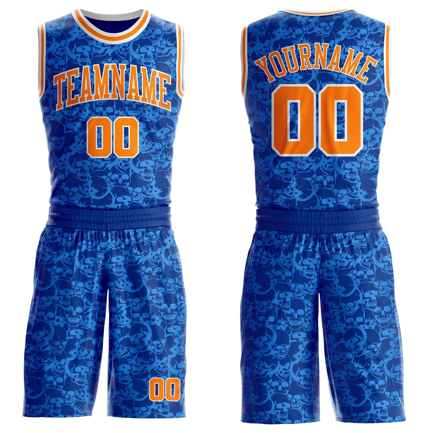 Custom Royal Bay Orange-White Gothic Skulls Round Neck Sublimation Basketball Uniform Jersey - Main View