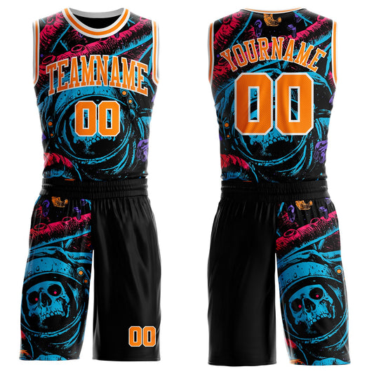 Custom Black Bay Orange Blue Pink-White Cyberpunk Skulls Round Neck Sublimation Basketball Uniform Jersey - Main View