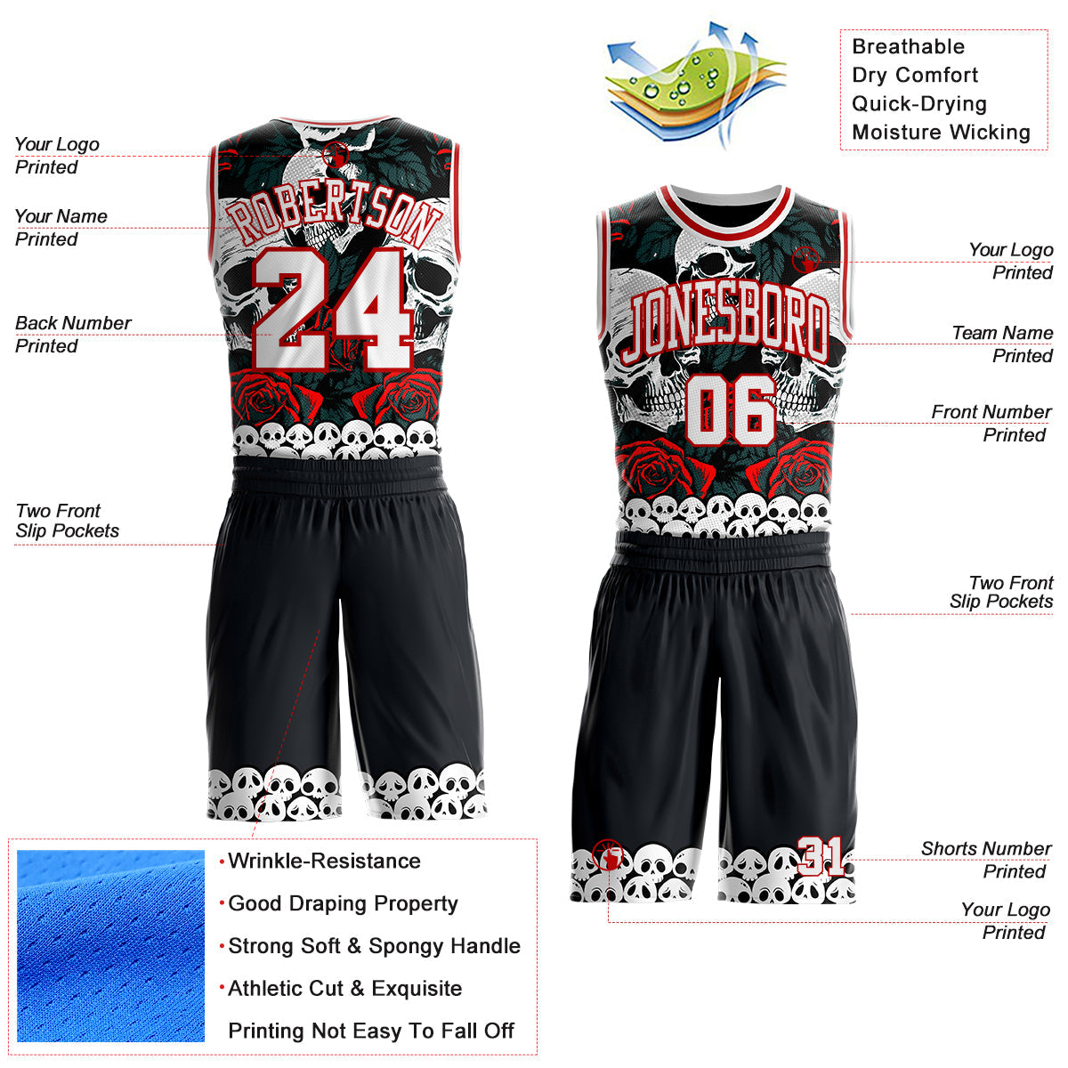 Custom Black White-Red Gothic Skulls And Roses Round Neck Sublimation Basketball Uniform Jersey view 2
