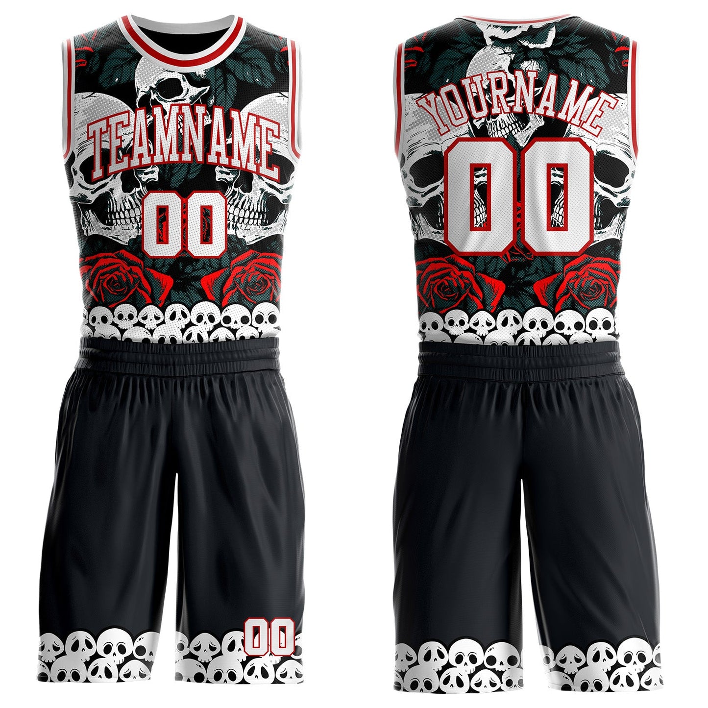 Custom Black White-Red Gothic Skulls And Roses Round Neck Sublimation Basketball Uniform Jersey - Main View