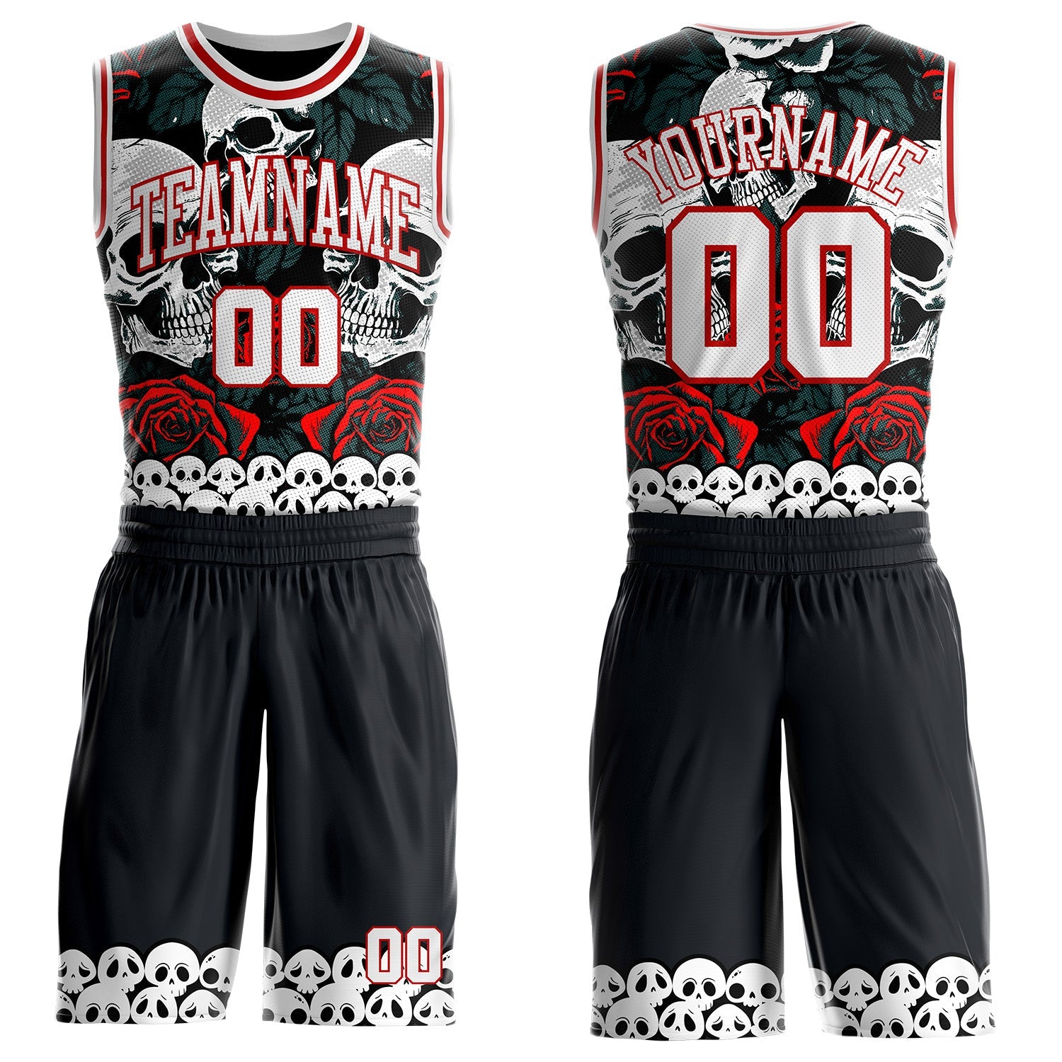 Custom Black White-Red Gothic Skulls And Roses Round Neck Sublimation Basketball Uniform Jersey - Main View