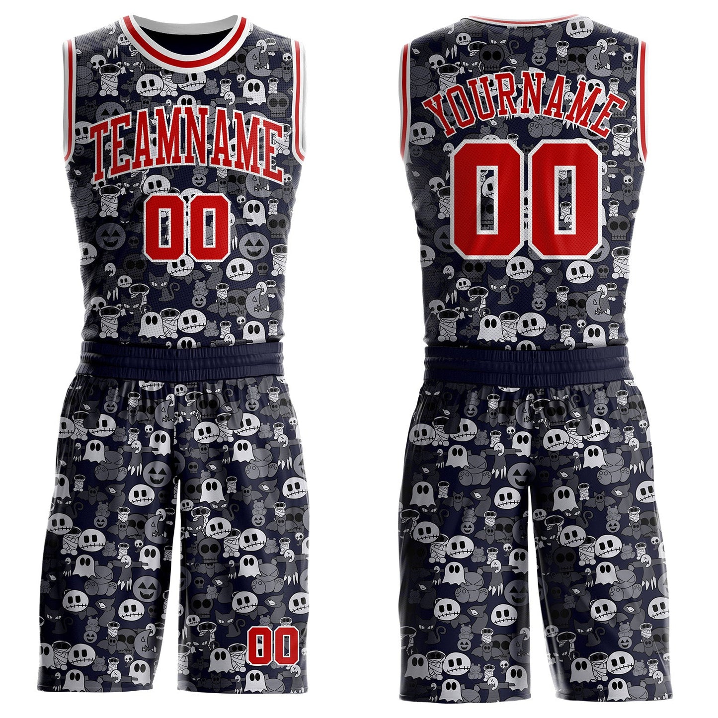 Custom Navy Red-White Urban Ghost Skull Round Neck Sublimation Basketball Uniform Jersey - Main View