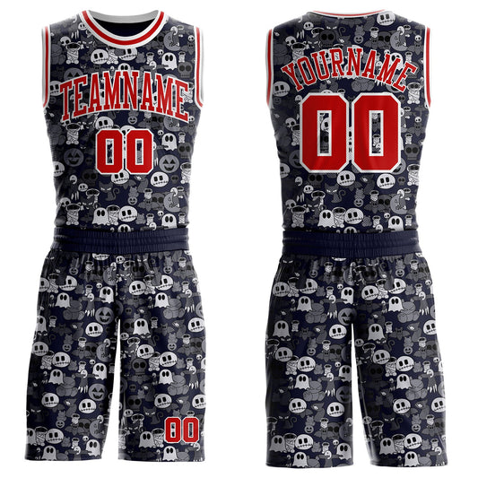 Custom Navy Red-White Urban Ghost Skull Round Neck Sublimation Basketball Uniform Jersey - Main View