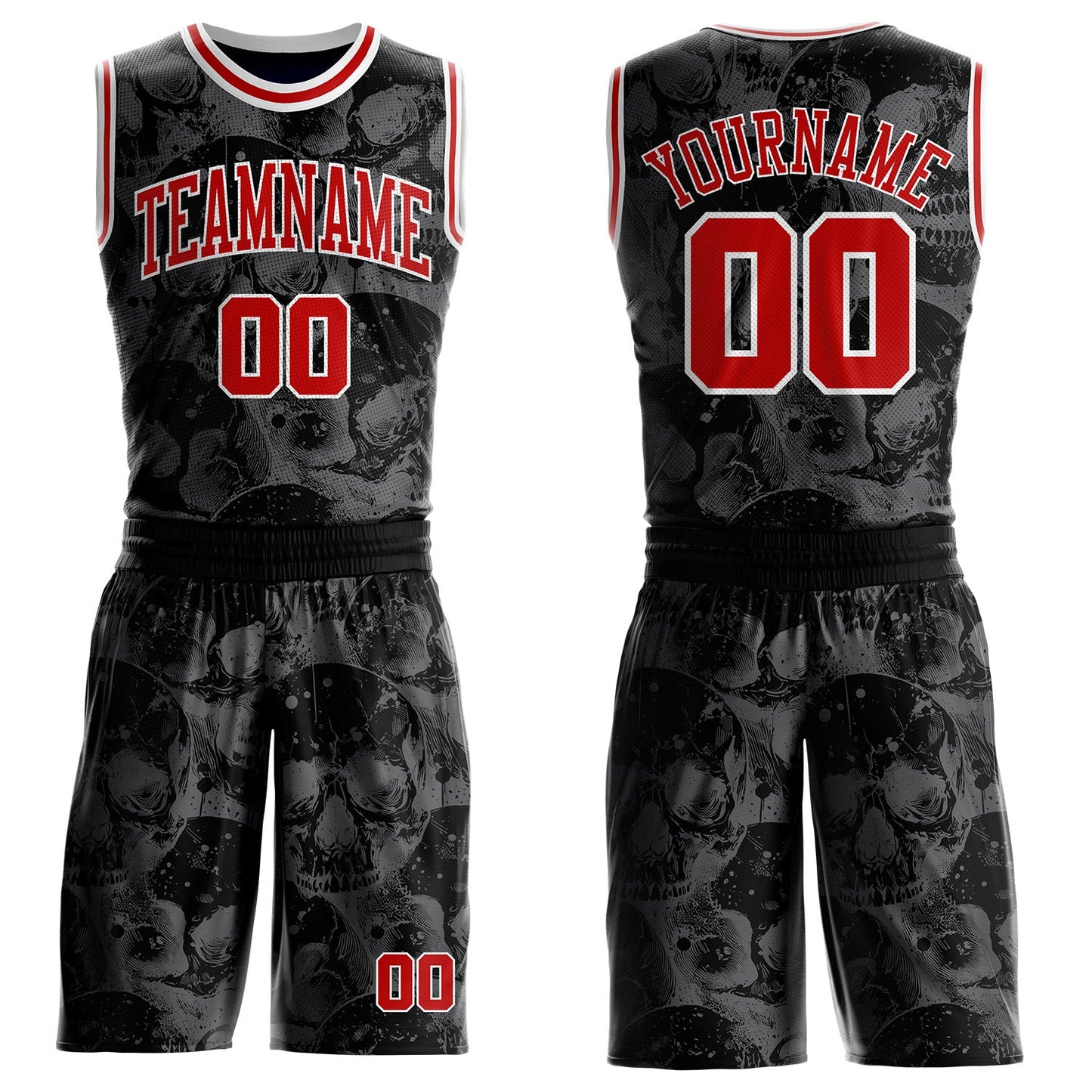 Custom Black Red-White Gothic Skulls Round Neck Sublimation Basketball Uniform Jersey - Main View