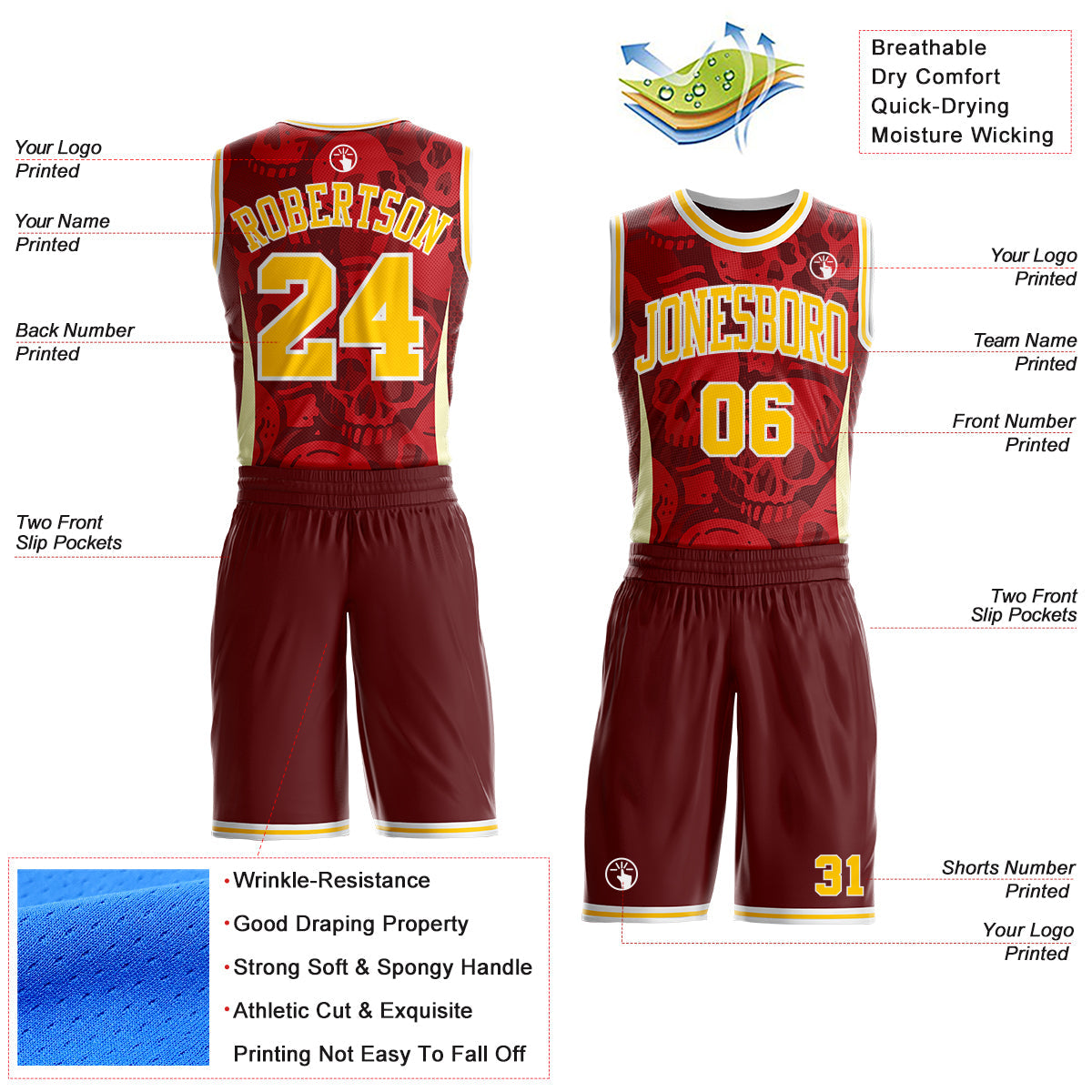 Custom Red Yellow-White Gothic Skulls Round Neck Sublimation Basketball Uniform Jersey view 2
