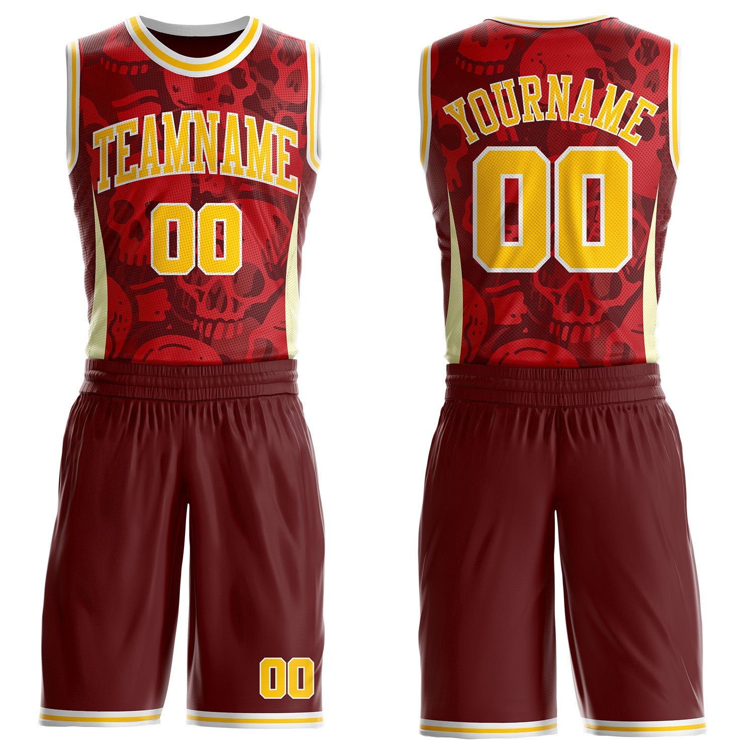 Custom Red Yellow-White Gothic Skulls Round Neck Sublimation Basketball Uniform Jersey - Main View