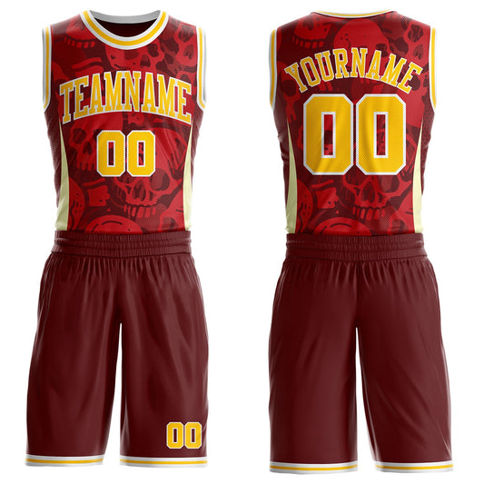 Custom Red Yellow-White Gothic Skulls Round Neck Sublimation Basketball Uniform Jersey - Main View