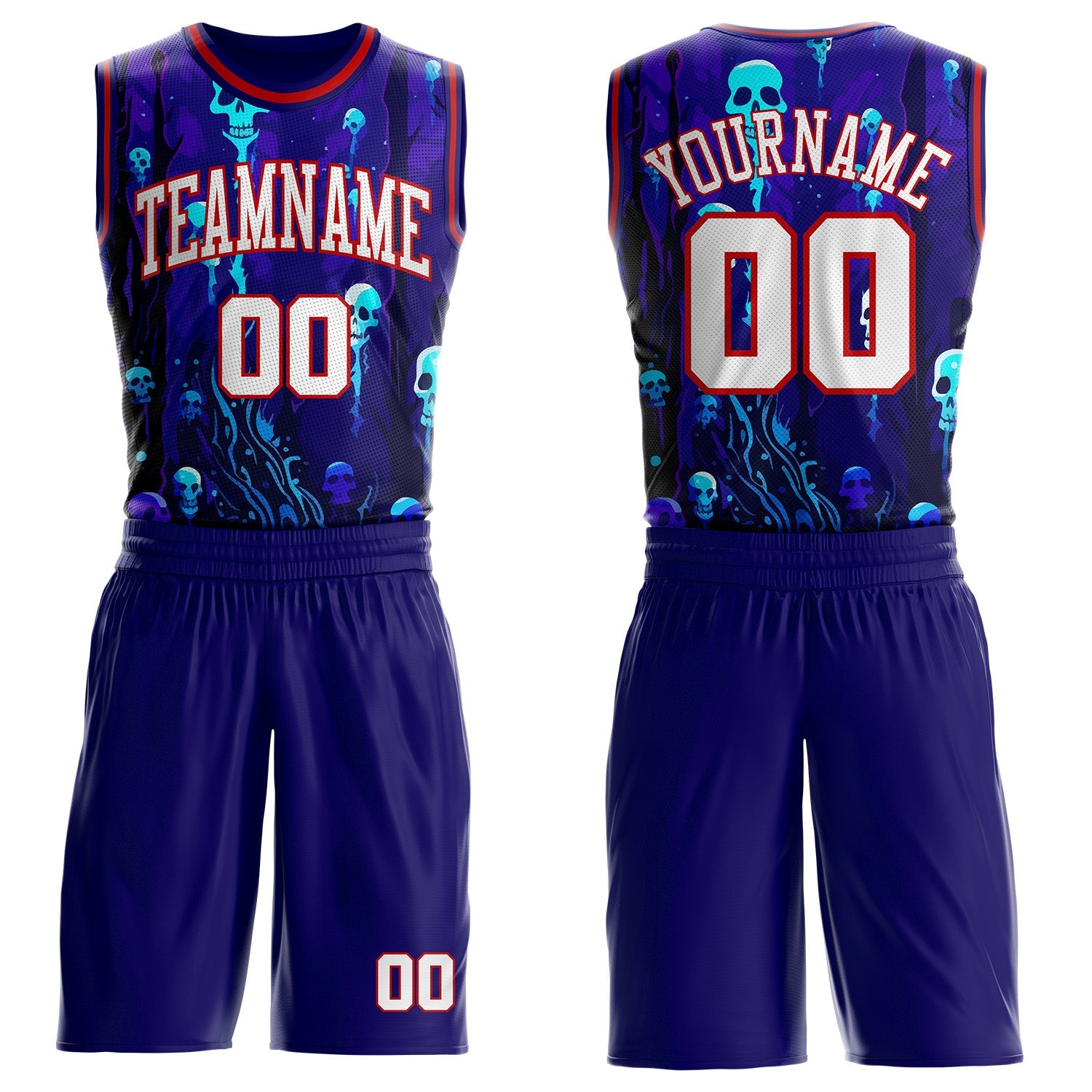 Custom Blue White-Red Cyber Gothic Skulls Round Neck Sublimation Basketball Uniform Jersey - Main View