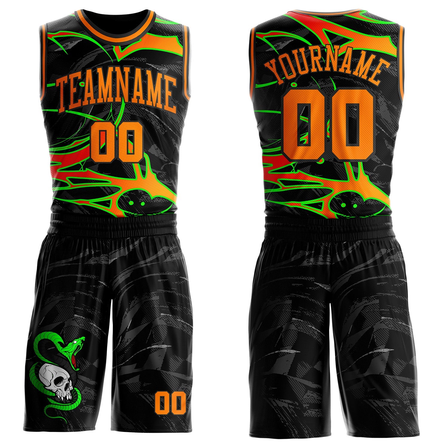 Custom Black-Bay Orange Neon Snake Skulls Round Neck Sublimation Basketball Uniform Jersey - Main View