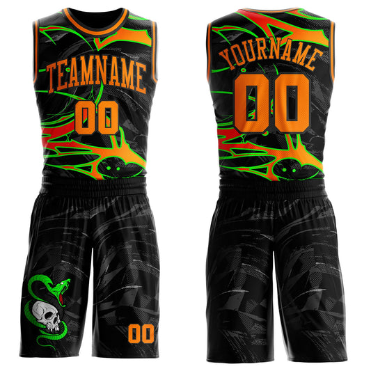Custom Black-Bay Orange Neon Snake Skulls Round Neck Sublimation Basketball Uniform Jersey - Main View