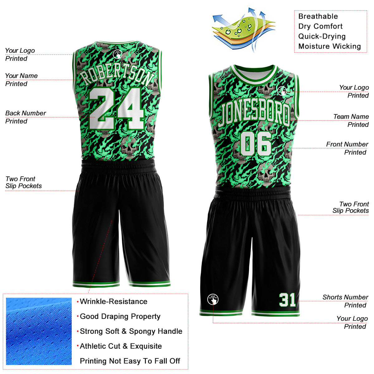 Custom Black White-Grass Green Fire Skulls Round Neck Sublimation Basketball Uniform Jersey view 2