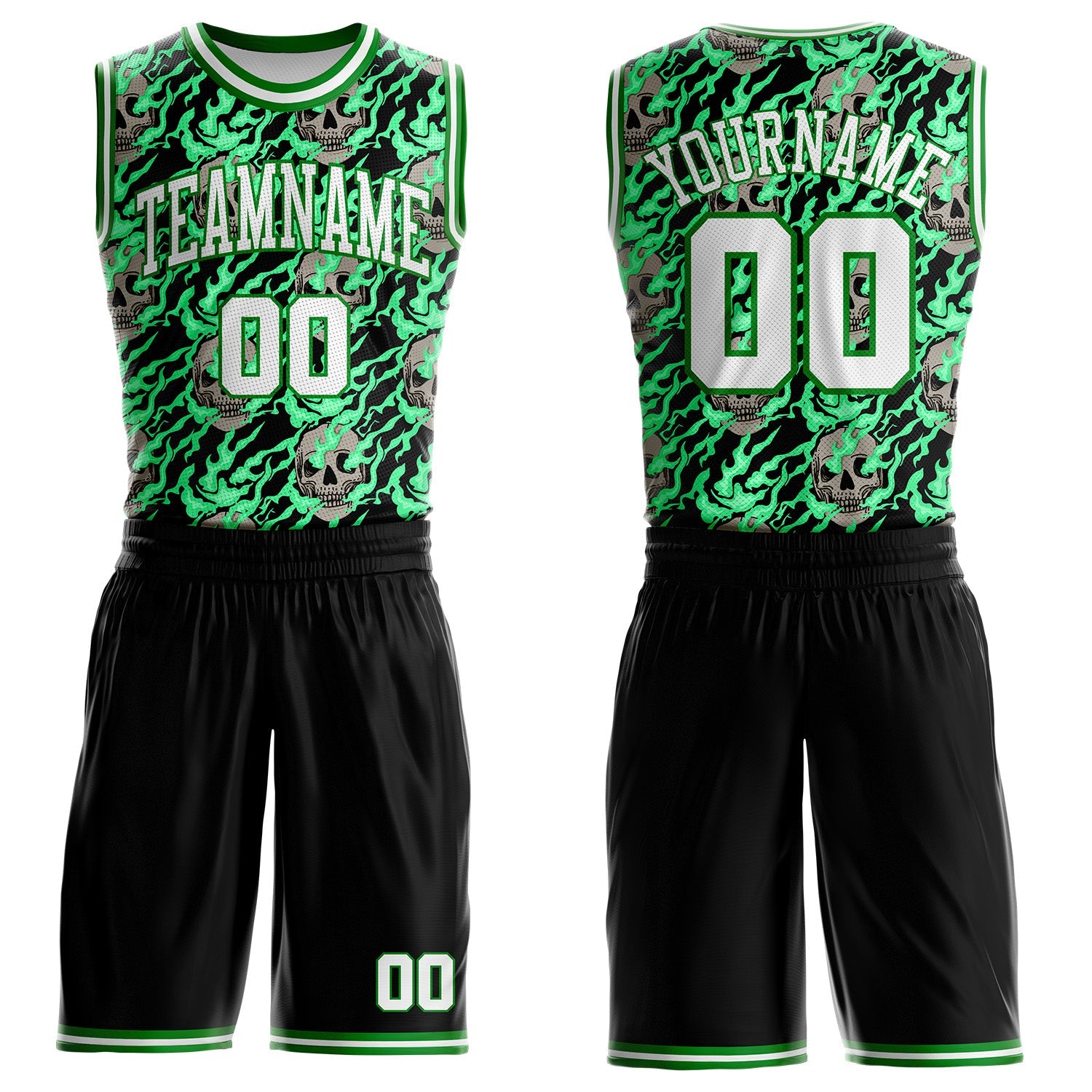 Custom Black White-Grass Green Fire Skulls Round Neck Sublimation Basketball Uniform Jersey - Main View
