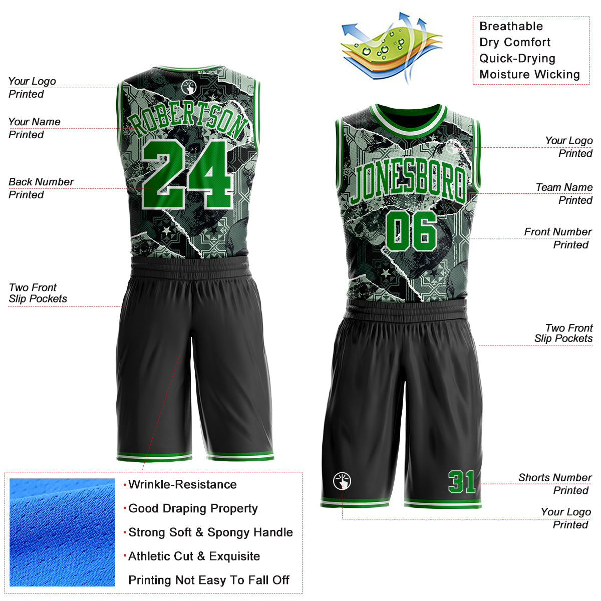 Custom Black Grass Green-White Gothic Skulls Round Neck Sublimation Basketball Uniform Jersey view 2