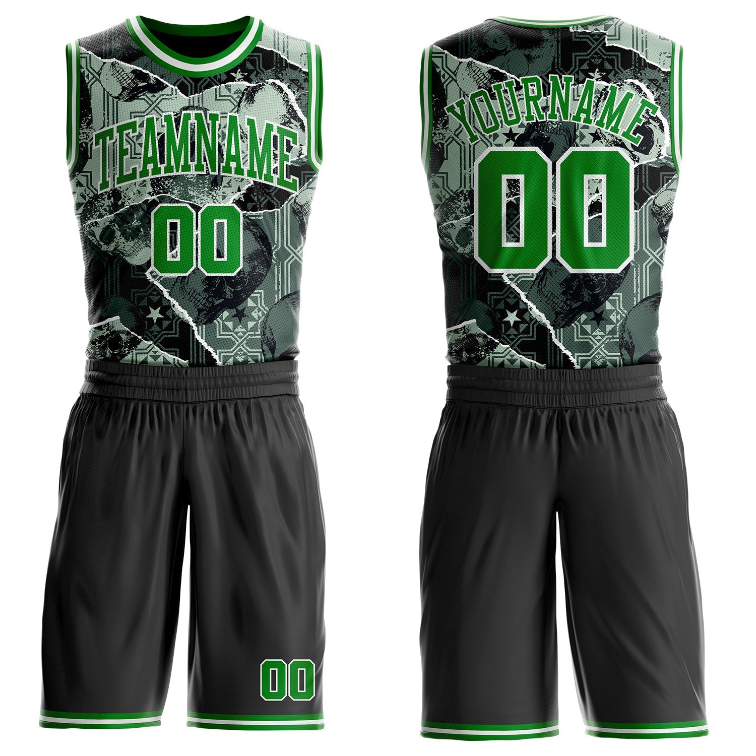 Custom Black Grass Green-White Gothic Skulls Round Neck Sublimation Basketball Uniform Jersey - Main View
