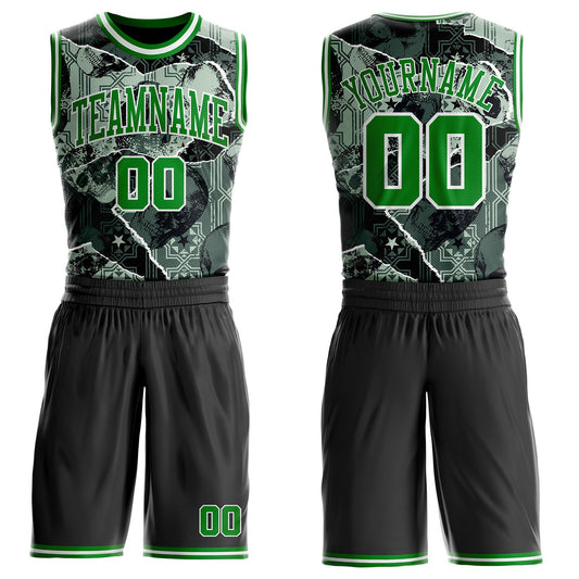 Custom Black Grass Green-White Gothic Skulls Round Neck Sublimation Basketball Uniform Jersey - Main View