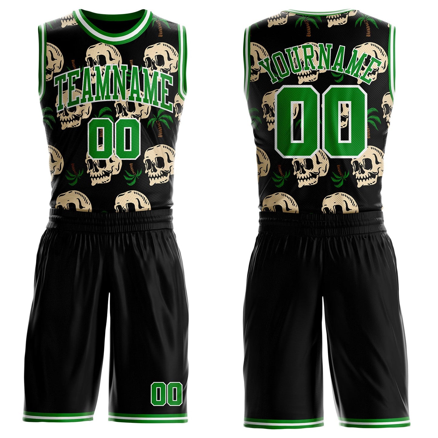 Custom Black Grass Green-White Tropical Skulls Round Neck Sublimation Basketball Uniform Jersey - Main View