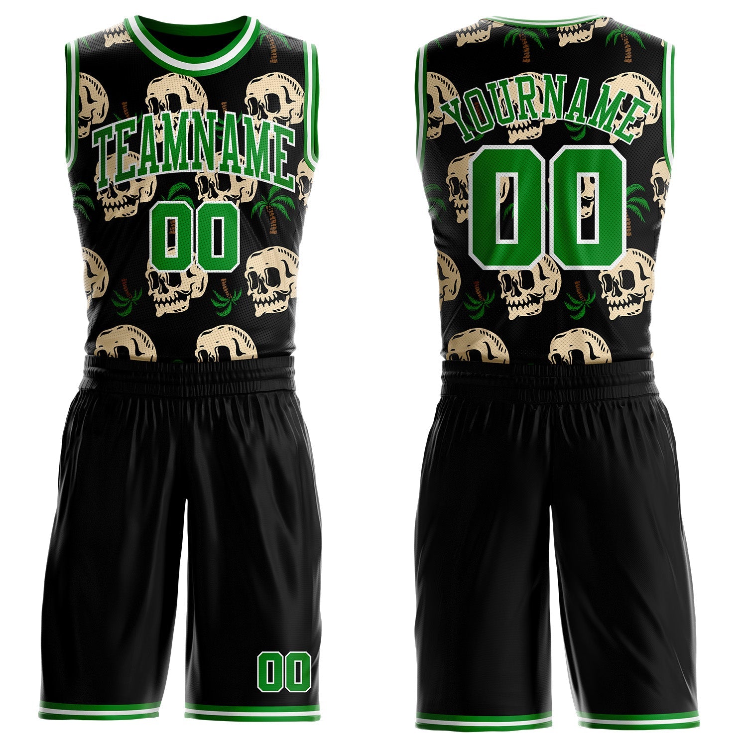 Custom Black Grass Green-White Tropical Skulls Round Neck Sublimation Basketball Uniform Jersey - Main View