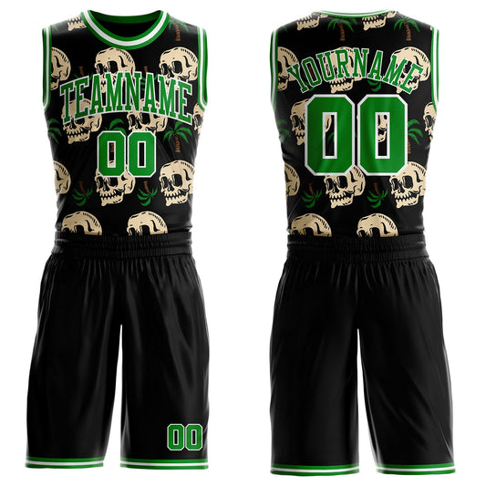 Custom Black Grass Green-White Tropical Skulls Round Neck Sublimation Basketball Uniform Jersey - Main View