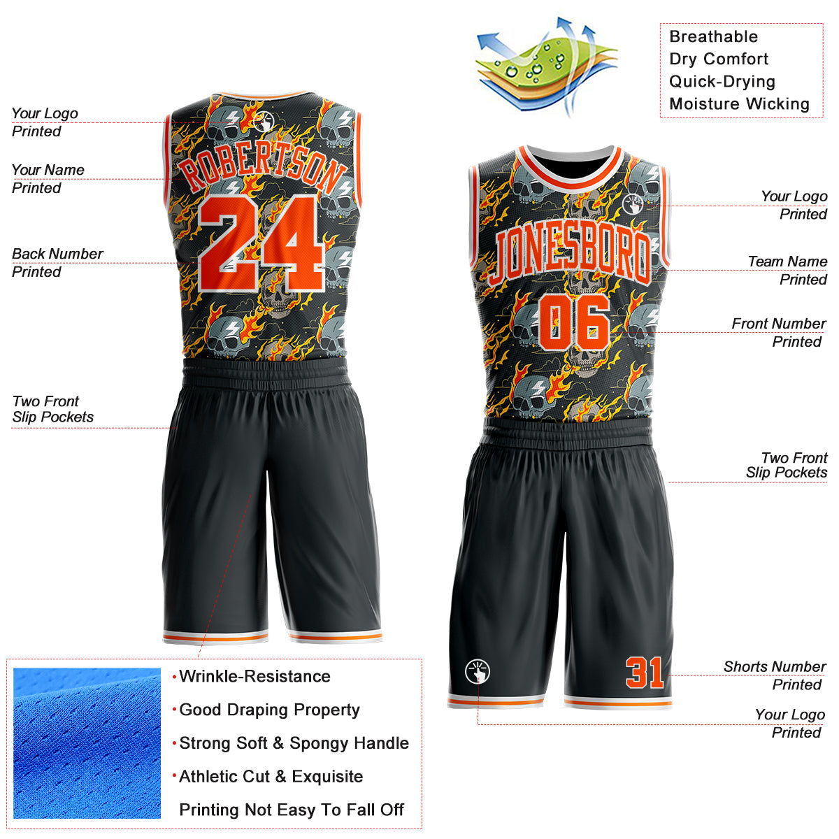 Custom Gray Orange-White Fire Skulls Round Neck Sublimation Basketball Uniform Jersey view 2