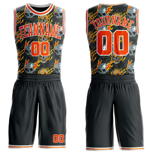 Custom Gray Orange-White Fire Skulls Round Neck Sublimation Basketball Uniform Jersey - Main View