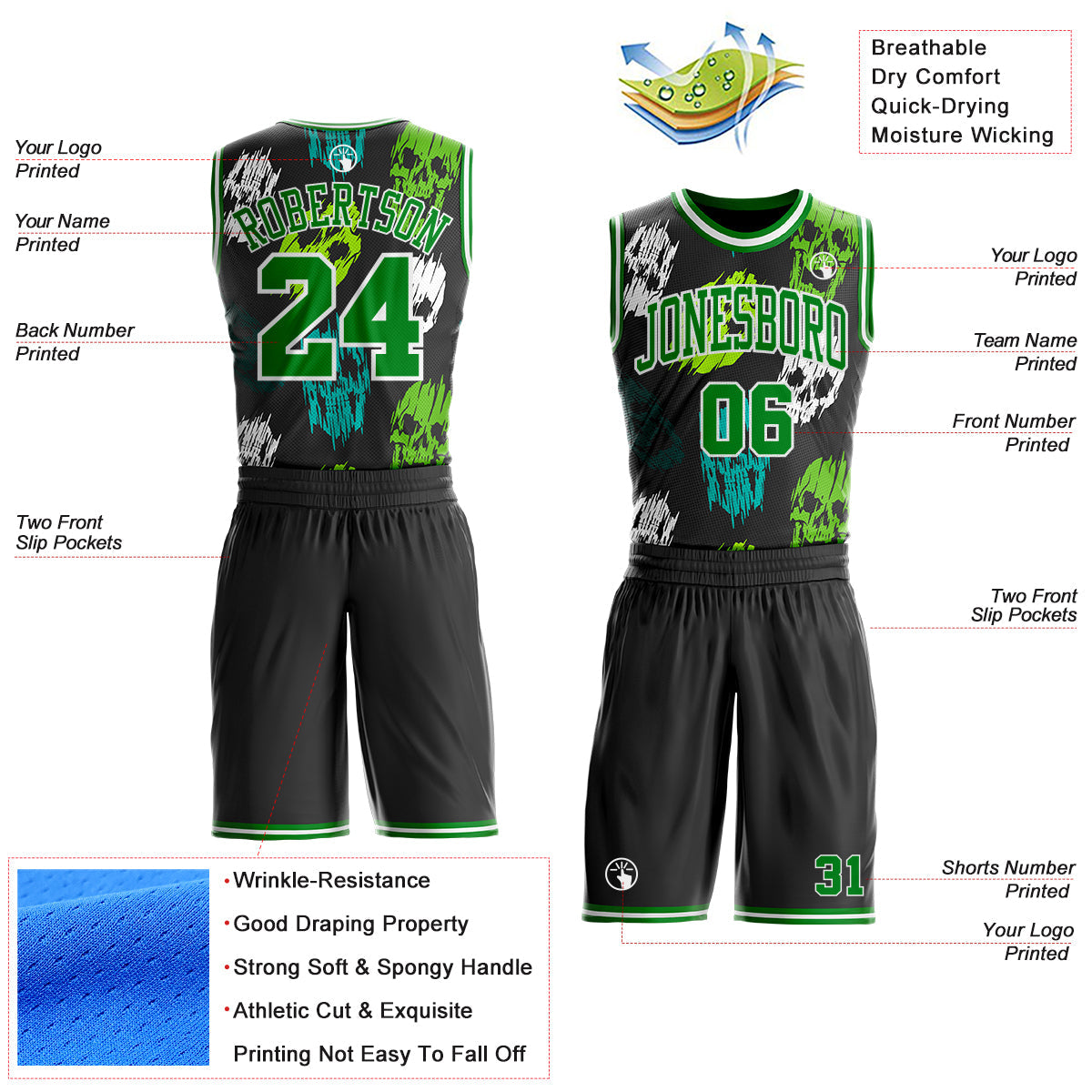 Custom Black Grass Green-White Glitch Skulls Round Neck Sublimation Basketball Uniform Jersey view 2