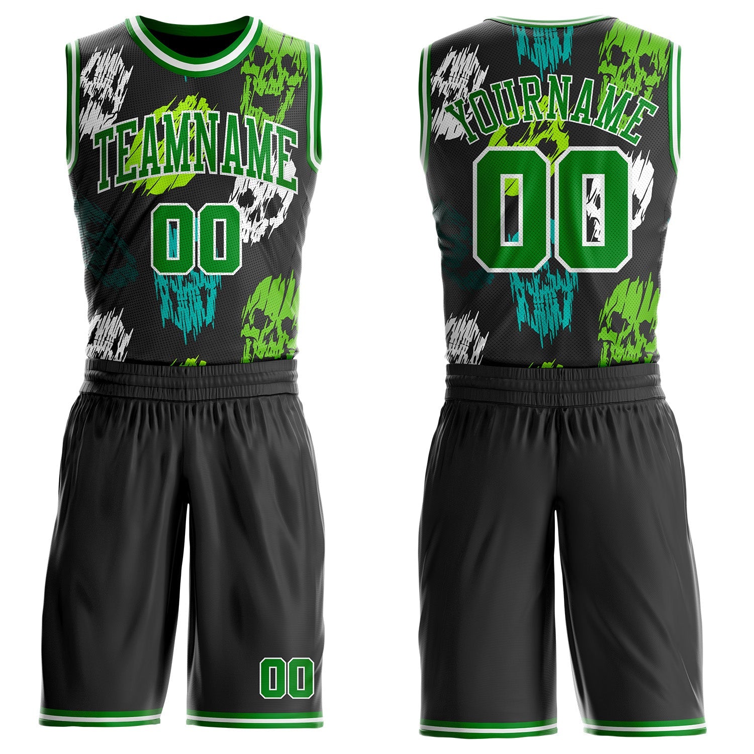 Custom Black Grass Green-White Glitch Skulls Round Neck Sublimation Basketball Uniform Jersey - Main View