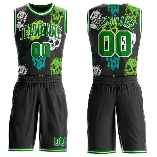 Custom Black Grass Green-White Glitch Skulls Round Neck Sublimation Basketball Uniform Jersey - Main View