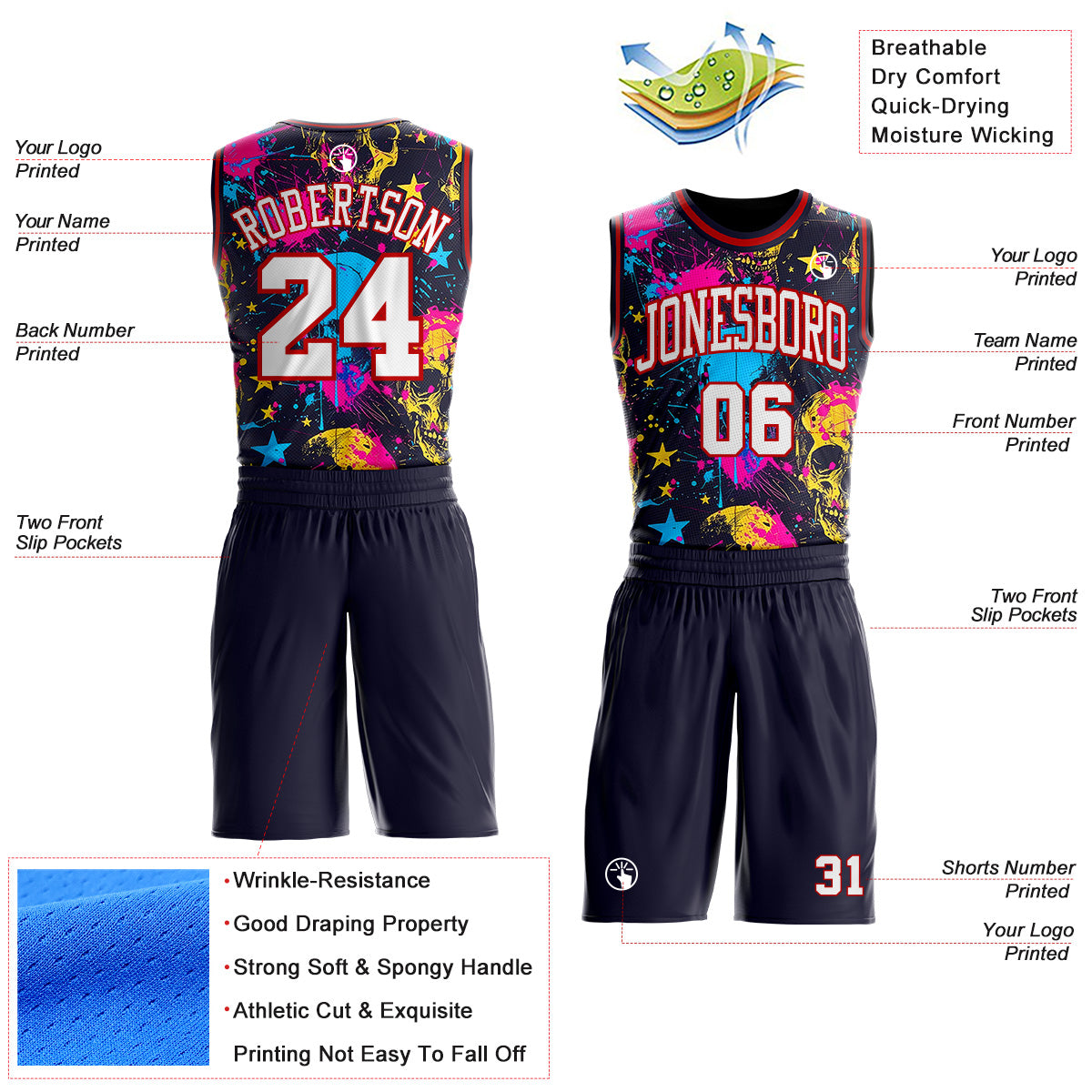 Custom Purple White Red-Black Neon Graffiti Skulls Round Neck Sublimation Basketball Uniform Jersey view 2
