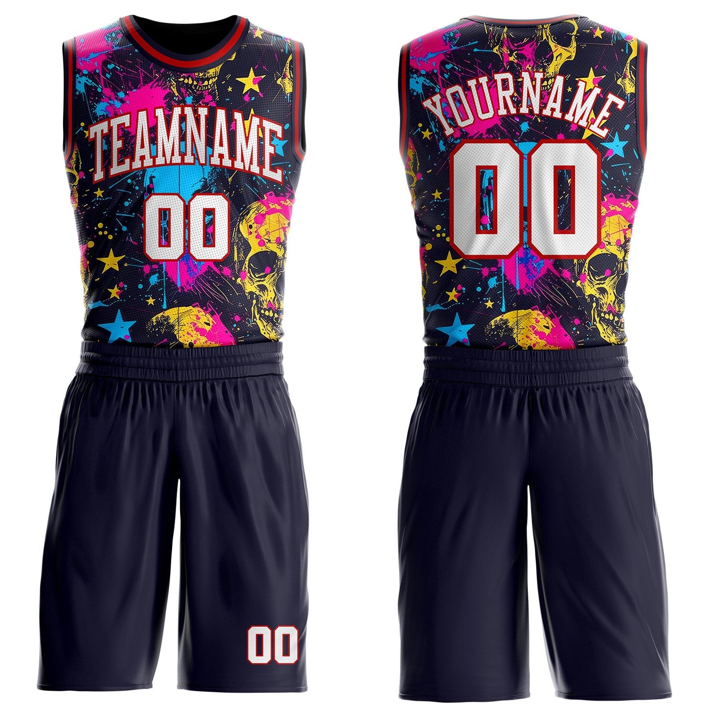 Custom Purple White Red-Black Neon Graffiti Skulls Round Neck Sublimation Basketball Uniform Jersey - Main View