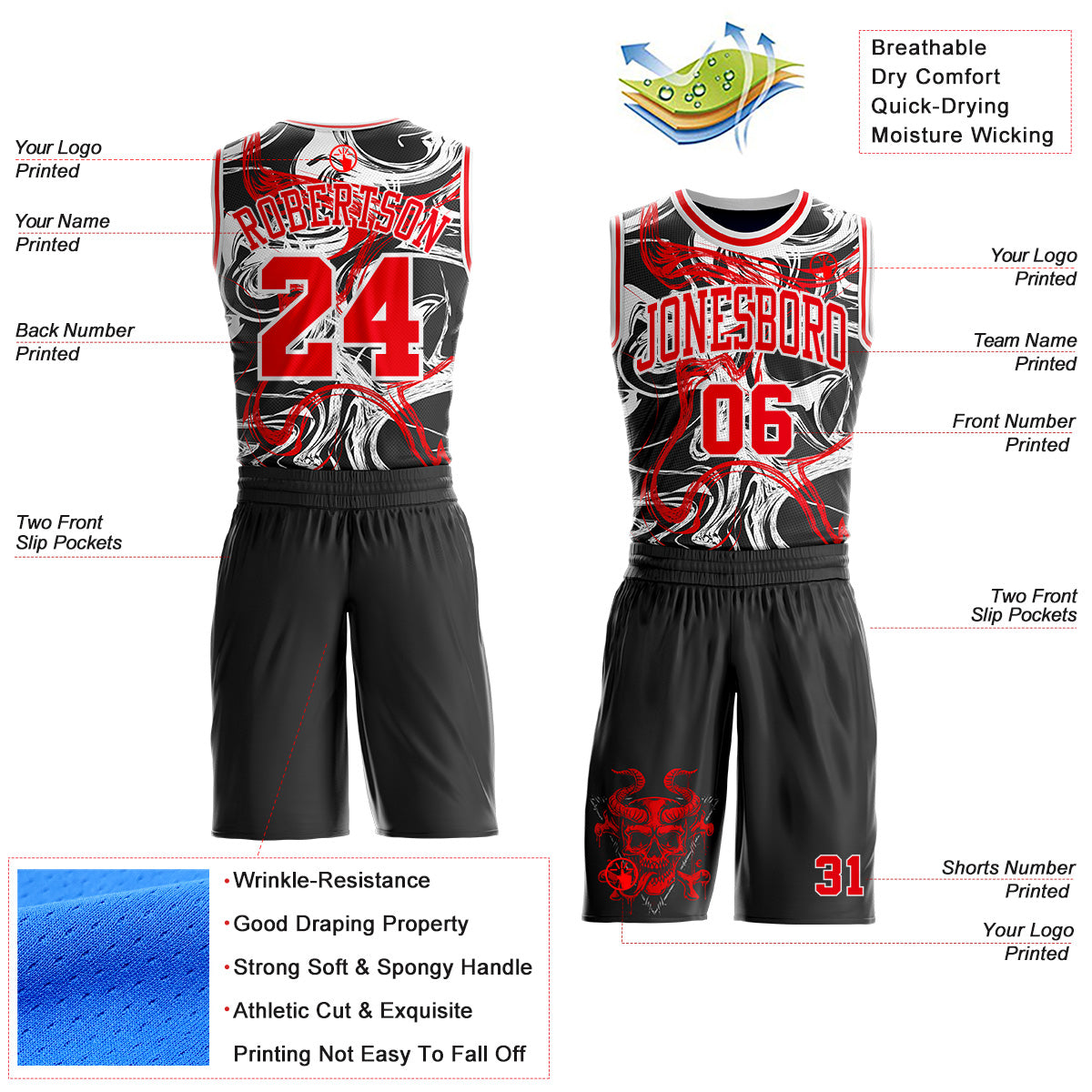 Custom Black Fire Red-White Glitch Skulls Round Neck Sublimation Basketball Uniform Jersey view 2