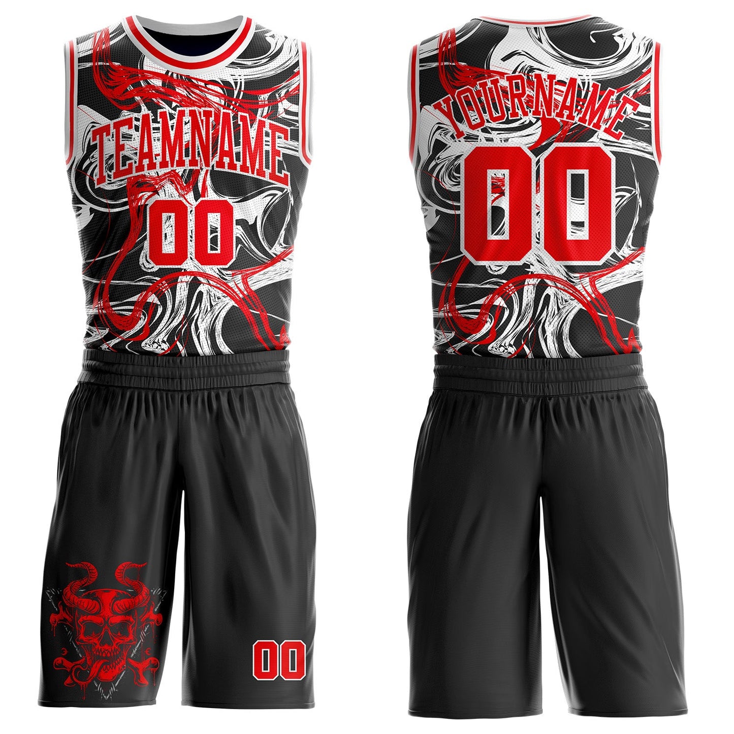 Custom Black Fire Red-White Glitch Skulls Round Neck Sublimation Basketball Uniform Jersey - Main View