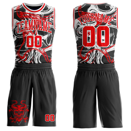 Custom Black Fire Red-White Glitch Skulls Round Neck Sublimation Basketball Uniform Jersey - Main View
