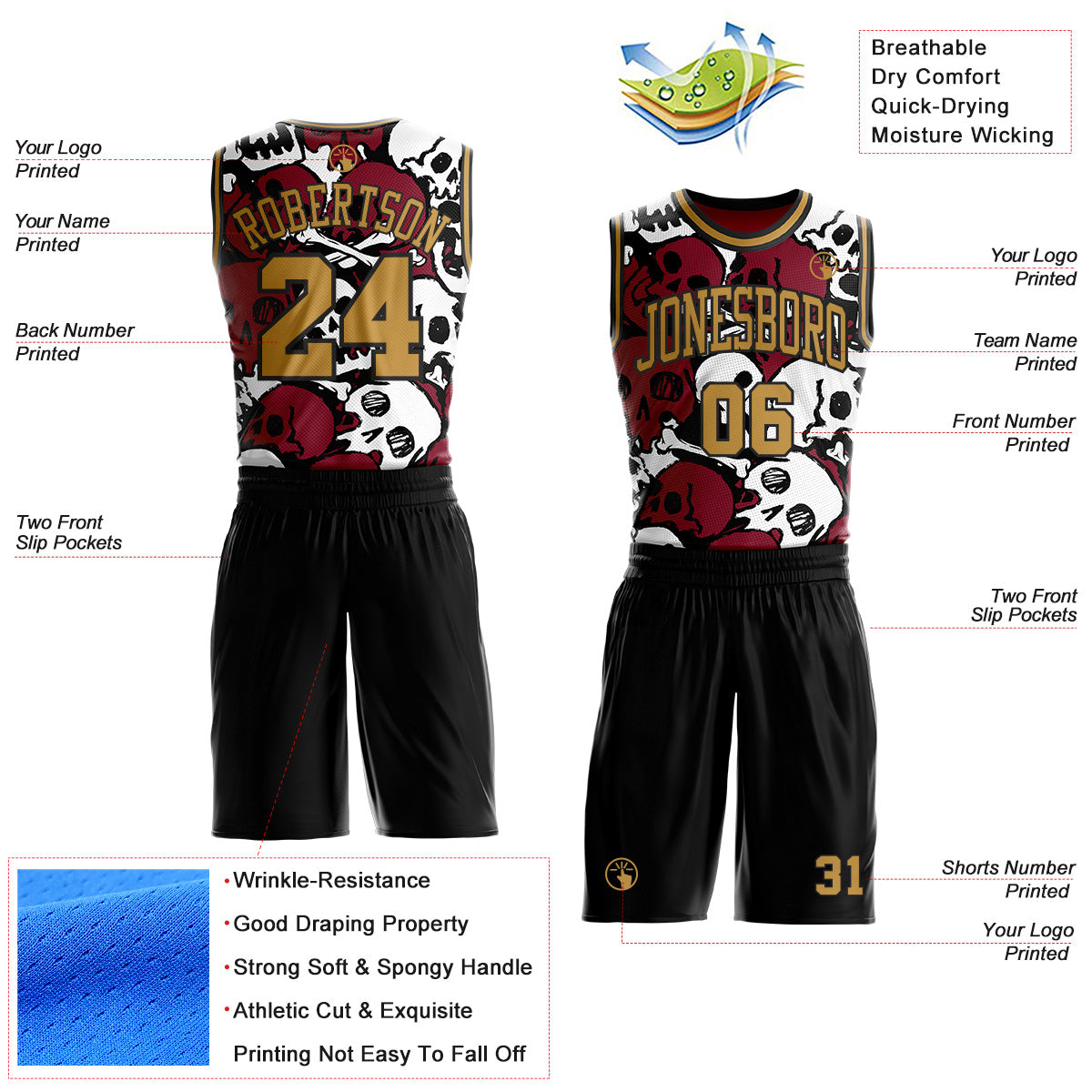 Custom Black-Old Gold Gothic Skulls Round Neck Sublimation Basketball Uniform Jersey view 2