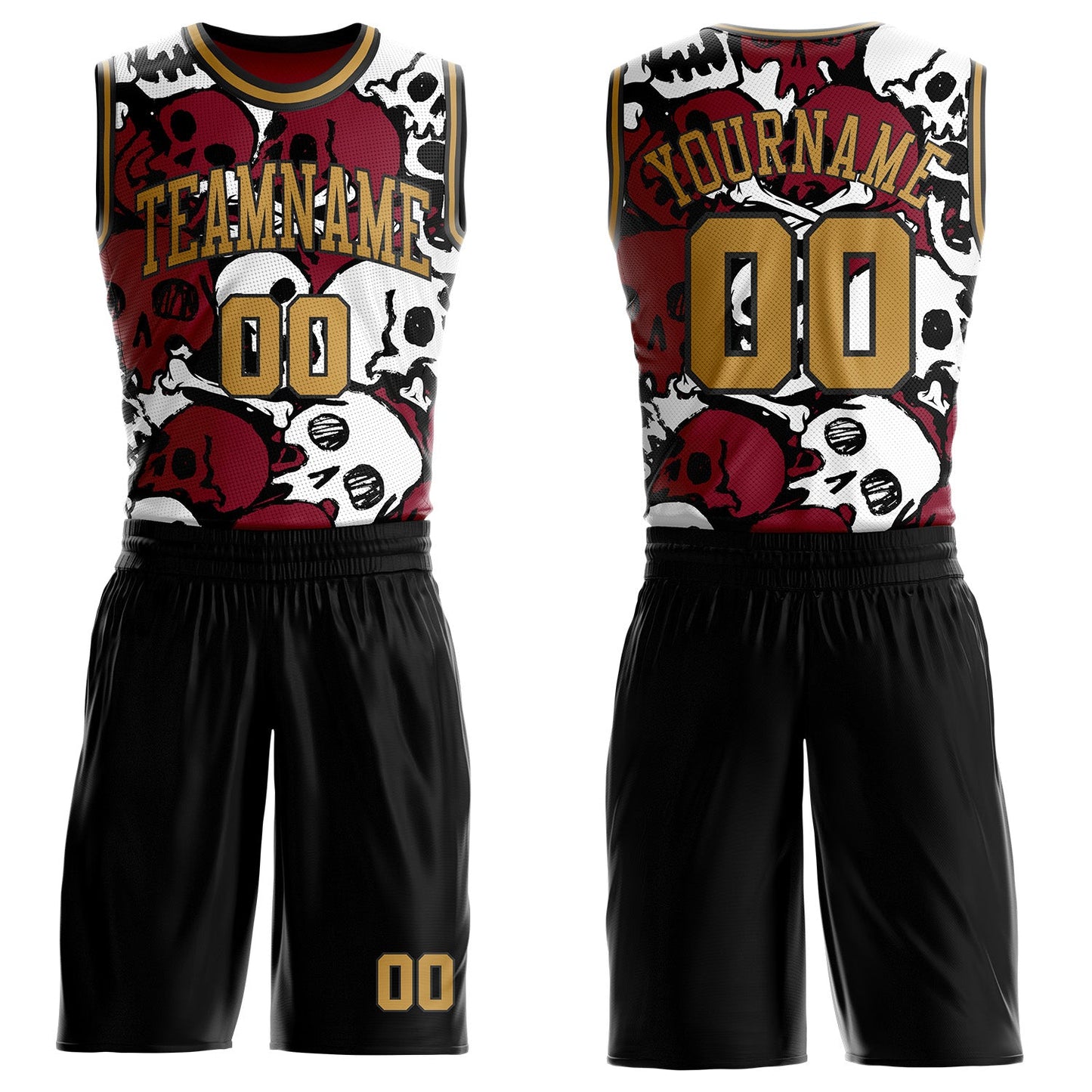 Custom Black-Old Gold Gothic Skulls Round Neck Sublimation Basketball Uniform Jersey - Main View