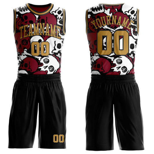 Custom Black-Old Gold Gothic Skulls Round Neck Sublimation Basketball Uniform Jersey - Main View