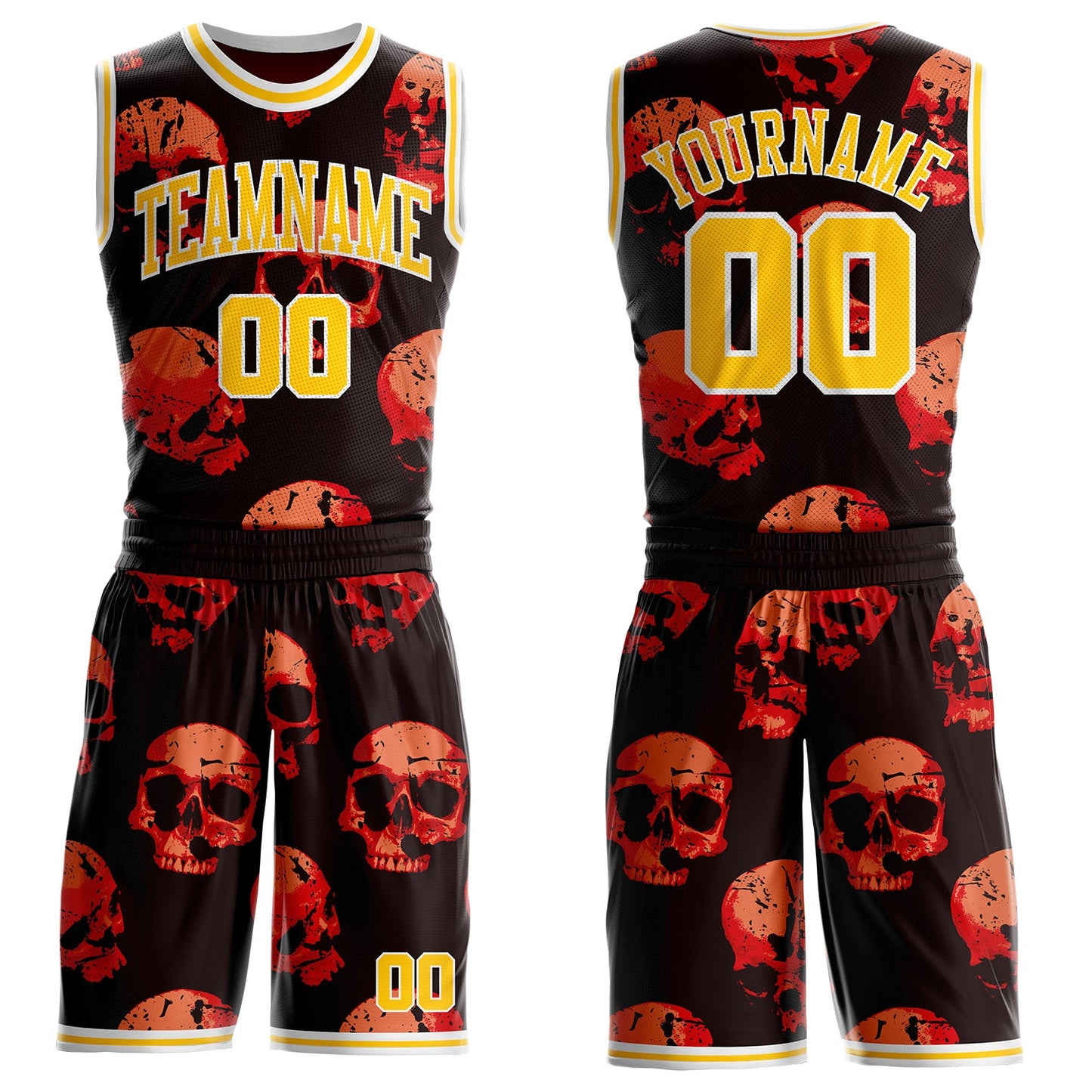 Custom Black Yellow-White Distressed Skulls Round Neck Sublimation Basketball Uniform Jersey - Main View