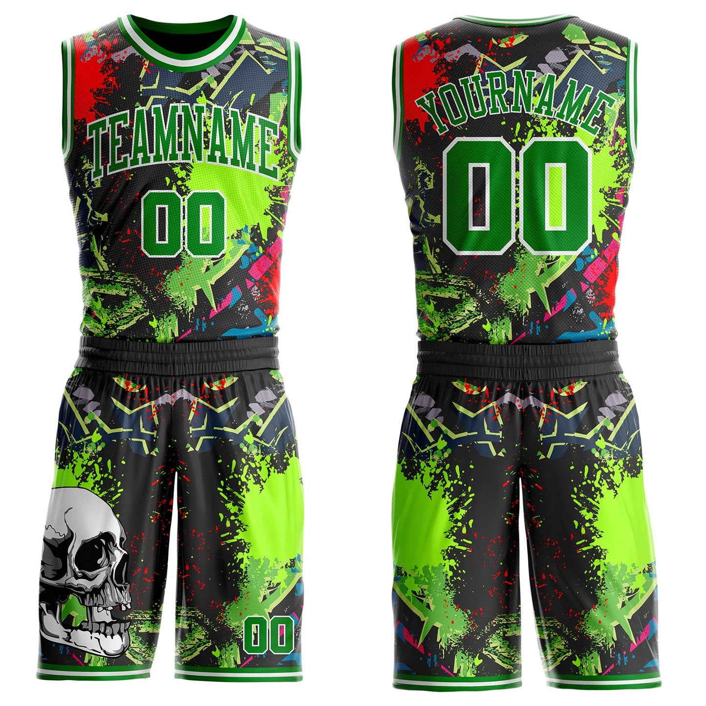 Custom Black Grass Green-White Neon Graffiti Skulls Round Neck Sublimation Basketball Uniform Jersey - Main View