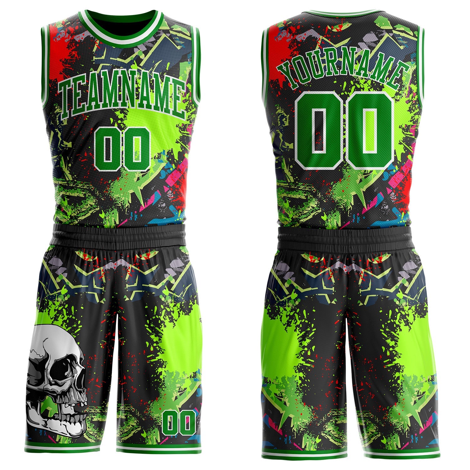 Custom Black Grass Green-White Neon Graffiti Skulls Round Neck Sublimation Basketball Uniform Jersey - Main View