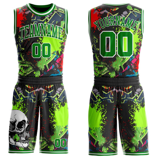 Custom Black Grass Green-White Neon Graffiti Skulls Round Neck Sublimation Basketball Uniform Jersey - Main View
